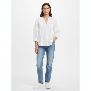 J. McLaughlin White V Neck Button Front 3/4 Sleeve Boho Vibe M